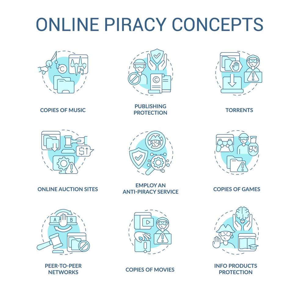 Online piracy blue concept icons set. Copyrighted content idea thin line color illustrations. Copies of music. Anti-piracy service. Torrents usage. Vector isolated outline drawings. Editable stroke