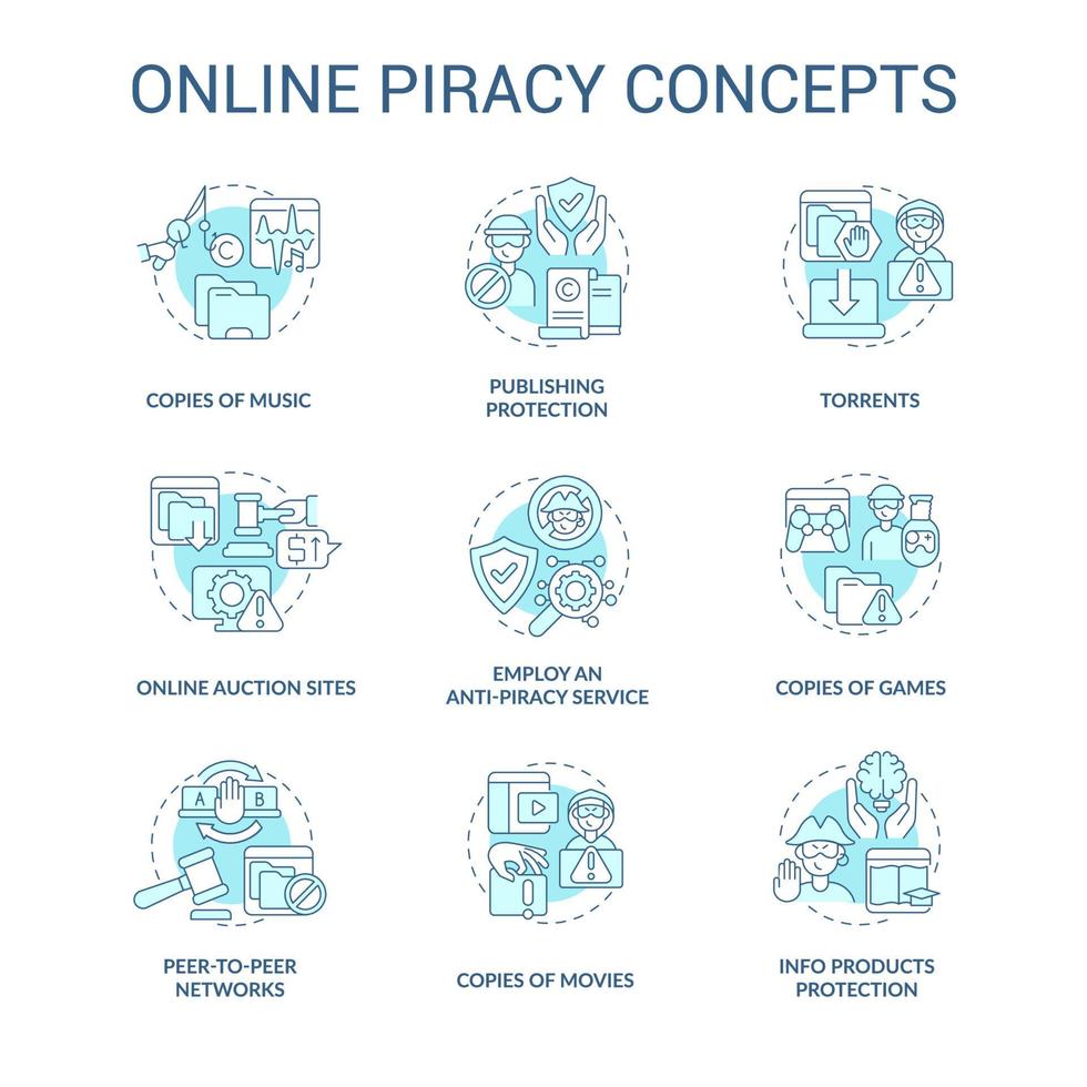 conjunto de iconos de concepto azul de piratería en línea. ideas de contenido con derechos de autor ilustraciones en color de línea delgada. copias de música. servicio antipiratería. Uso de torrents. dibujos de contorno aislados vectoriales. trazo editable vector