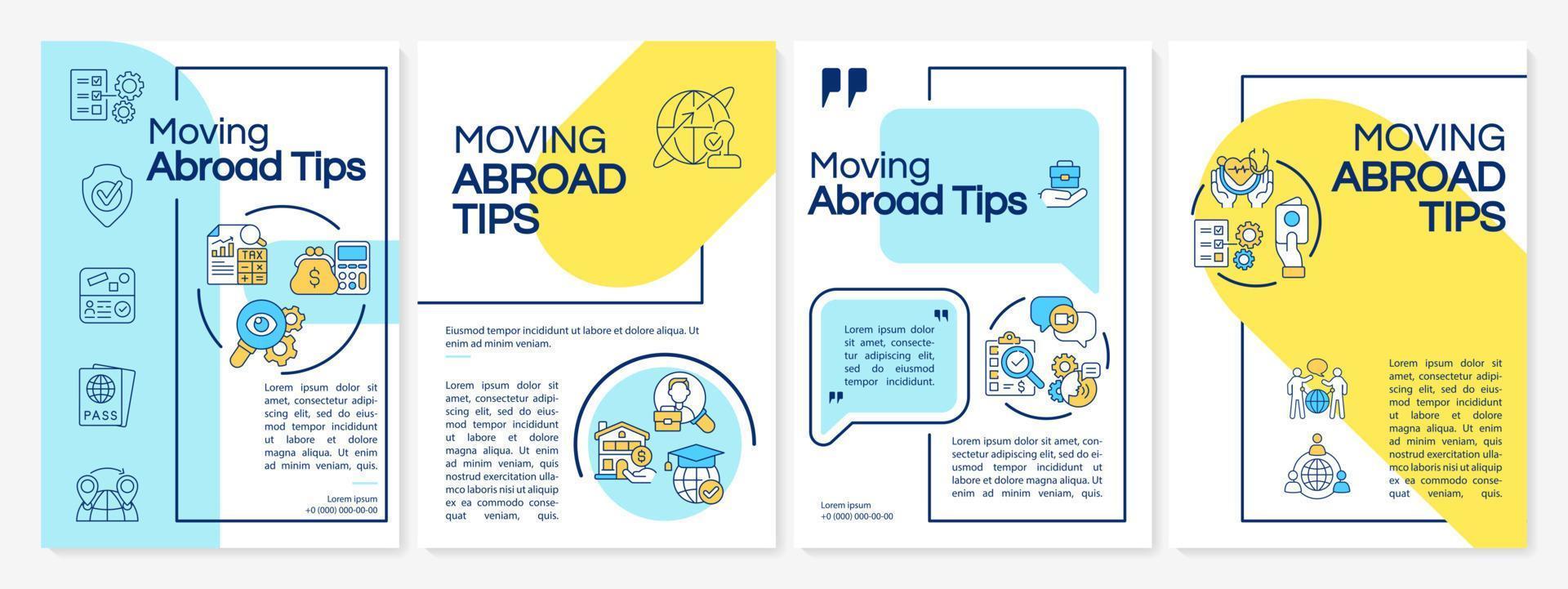 Moving abroad tips yellow, blue brochure template. Flyer, booklet, leaflet print, cover design with linear icons. Vector layouts for presentation, annual reports, advertisement pages