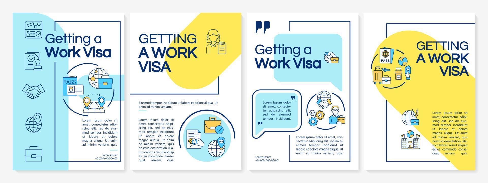 Getting work visa yellow, blue brochure template. Live abroad. Flyer, booklet, leaflet print, cover design with linear icons. Vector layouts for presentation, annual reports, advertisement pages