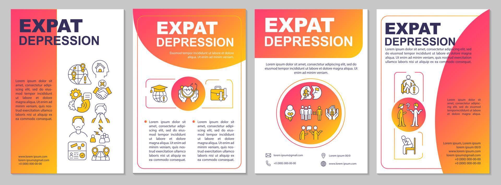 Expat depression red brochure template. Feel anxious when relocate. Flyer, booklet, leaflet print, cover design with linear icons. Vector layouts for presentation, annual reports, advertisement pages