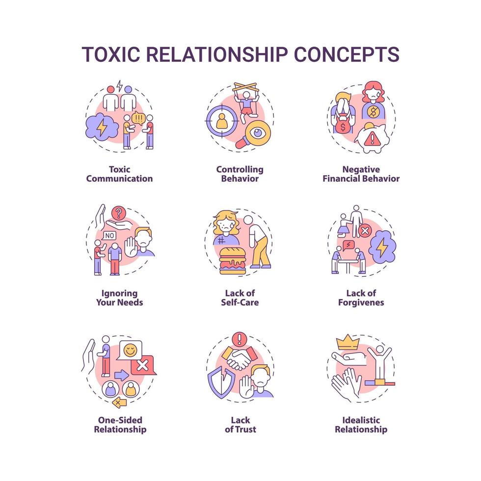 Toxic relationship concept icons set. Manipulative partner. Trust and support lack. Abusive cohabitation idea thin line color illustrations. Vector isolated outline drawings. Editable stroke