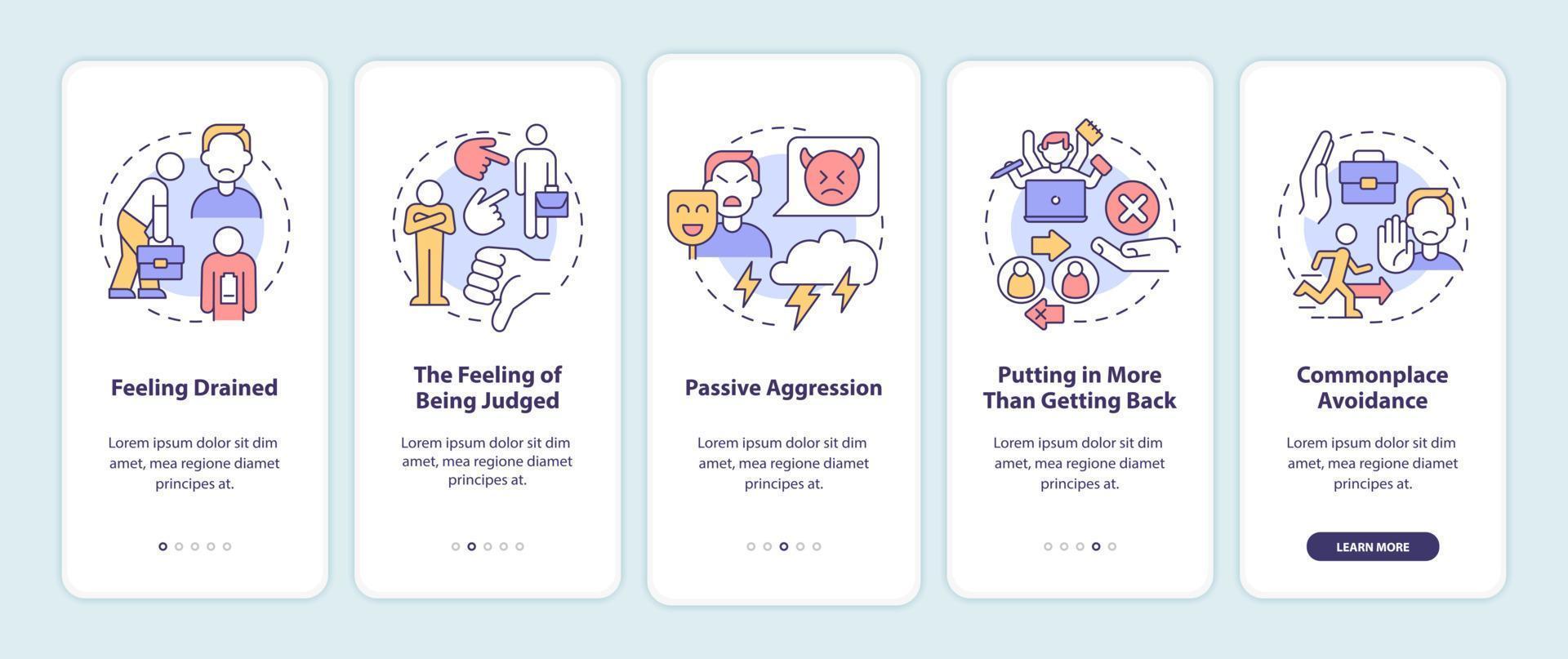 Toxic relationships at work onboarding mobile app page screen. Passive aggression walkthrough 5 steps graphic instructions with concepts. UI, UX, GUI vector template with linear color illustrations