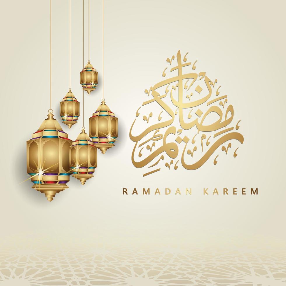 Luxurious design ramadan kareem with arabic calligraphy, crescent moon, traditional lantern and mosque pattern texture islamic background. Vector illustration.