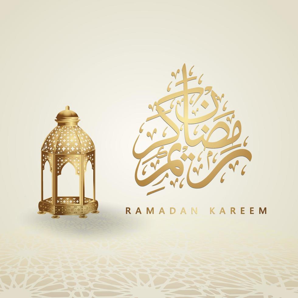 Luxurious design ramadan kareem with arabic calligraphy, crescent moon, traditional lantern and mosque pattern texture islamic background. Vector illustration.