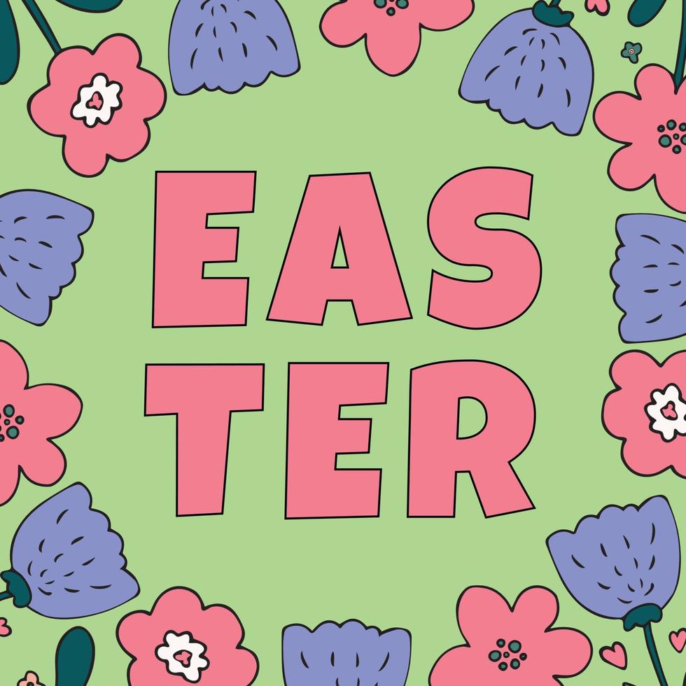 Easter springtime greeting card with simple outline flowers border frame. Vector illustration, light green background. Template for invitation, birthday, advertising, social media