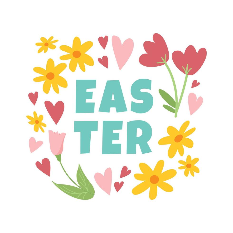 Cute Easter square greeting card with childish simple doodle flowers, leaves and hearts on white background. Hand drawn vector springtime social media template.