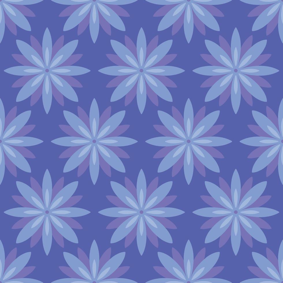 Cute geometric floral seamless pattern with flower head ion navy blue background. Spring vector background, botanical abstract backdrop