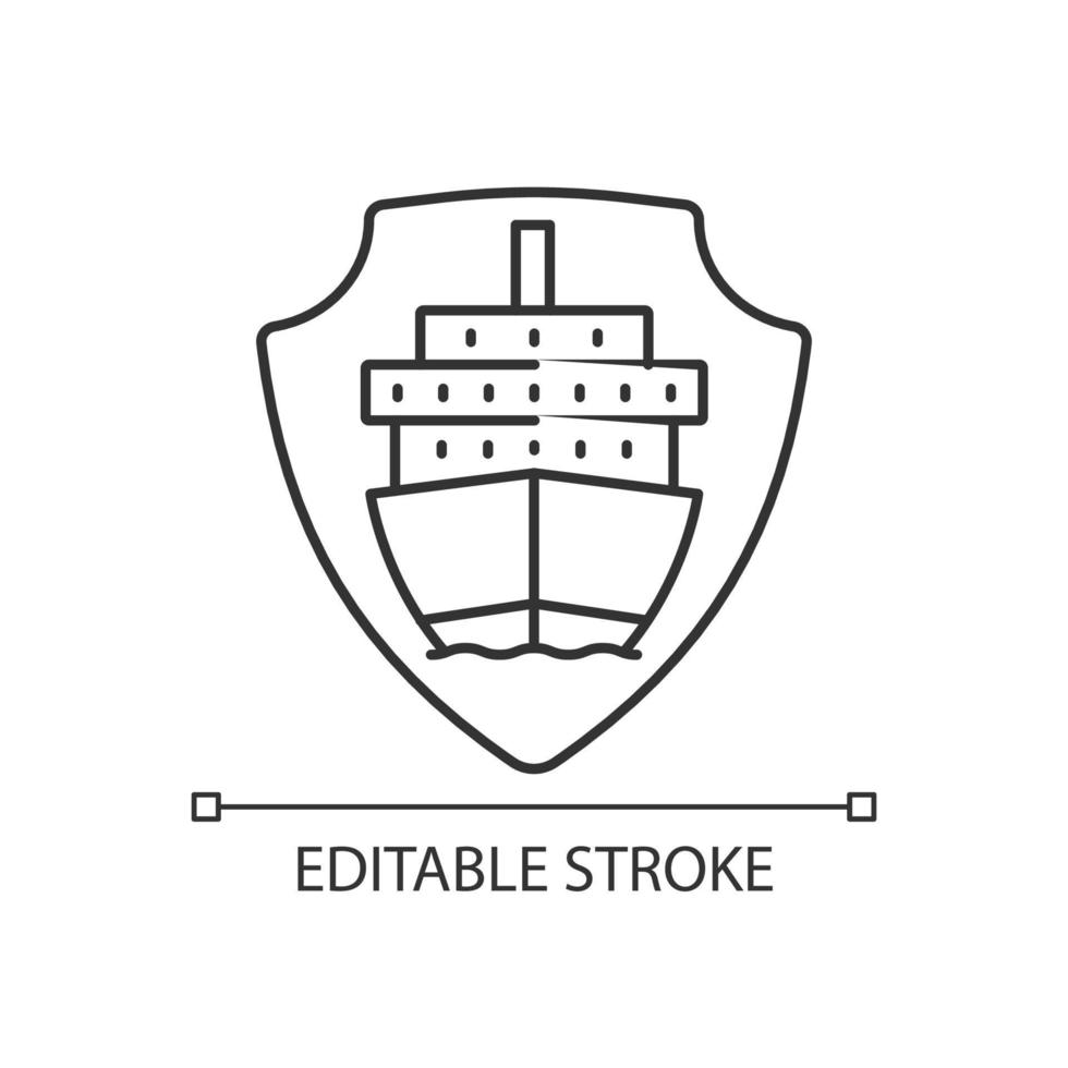 International marine shipping vessel protection linear icon. Safe delivery goods by sea. Thin line customizable illustration. Contour symbol. Vector isolated outline drawing. Editable stroke