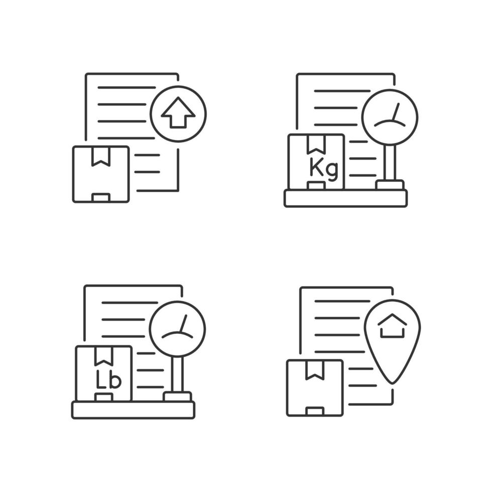 International shipment documents linear icons set. Business papers. Packing list, origin certificate and export license. Customizable thin line contour symbols. Isolated vector outline illustrations