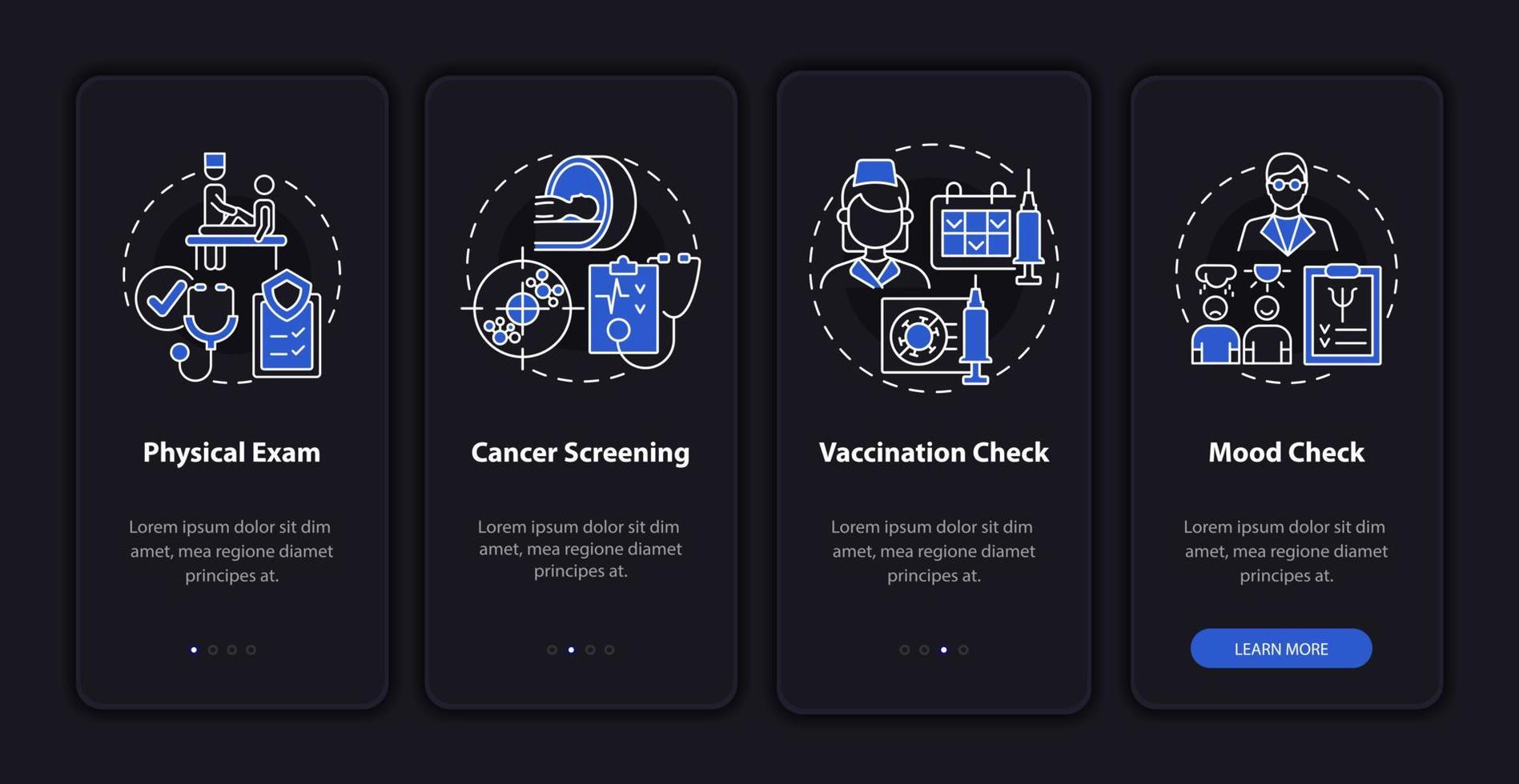 Physical examination components dark onboarding mobile app page screen. Walkthrough 4 steps graphic instructions with concepts. UI, UX, GUI vector template with linear night mode illustrations