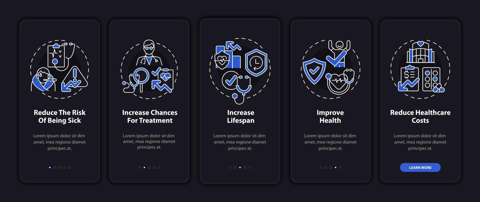 Check ups benefits dark onboarding mobile app page screen. Improving health walkthrough 5 steps graphic instructions with concepts. UI, UX, GUI vector template with linear night mode illustrations