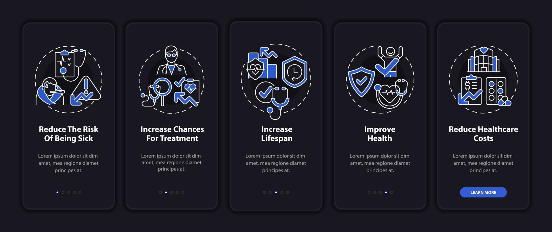 los chequeos benefician la pantalla de la página de la aplicación móvil de incorporación oscura. Instrucciones gráficas de 5 pasos para mejorar la salud con conceptos. ui, ux, plantilla vectorial gui con ilustraciones lineales en modo nocturno vector