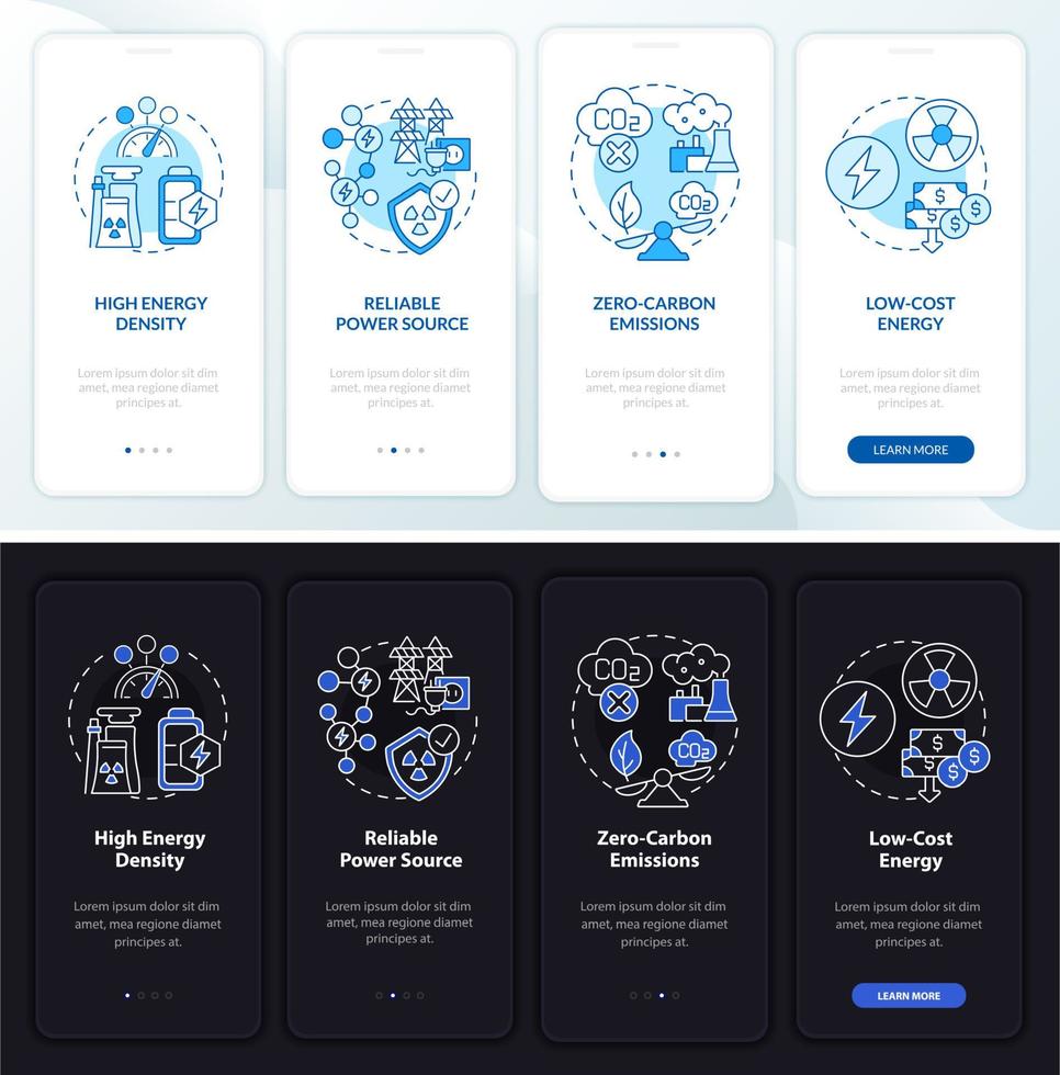 profesionales de la energía nuclear que incorporan la pantalla de la página de la aplicación móvil. tutorial de densidad de energía 4 pasos instrucciones gráficas con conceptos. ui, ux, plantilla vectorial gui con ilustraciones lineales en modo día y noche vector