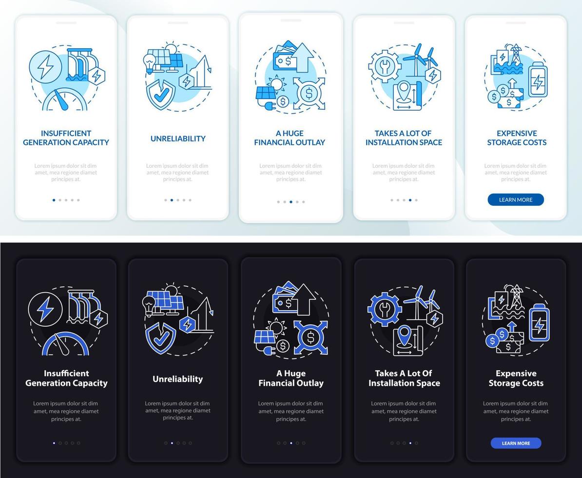 Renewable energy issues onboarding mobile app page screen. Outlay walkthrough 5 steps graphic instructions with concepts. UI, UX, GUI vector template with linear night and day mode illustrations