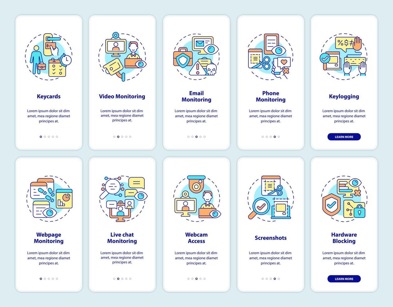 Employee monitoring onboarding mobile app page screen. Work tracking walkthrough 5 steps graphic instructions with concepts. UI, UX, GUI vector template with linear color illustrations