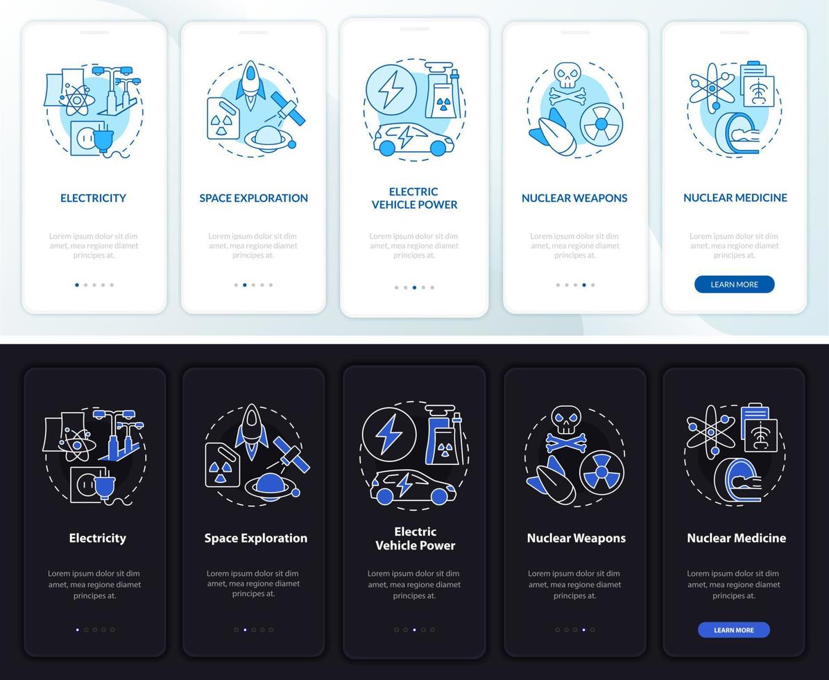 Nuclear energy usage onboarding mobile app page screen. Electricity walkthrough 5 steps graphic instructions with concepts. UI, UX, GUI vector template with linear night and day mode illustrations