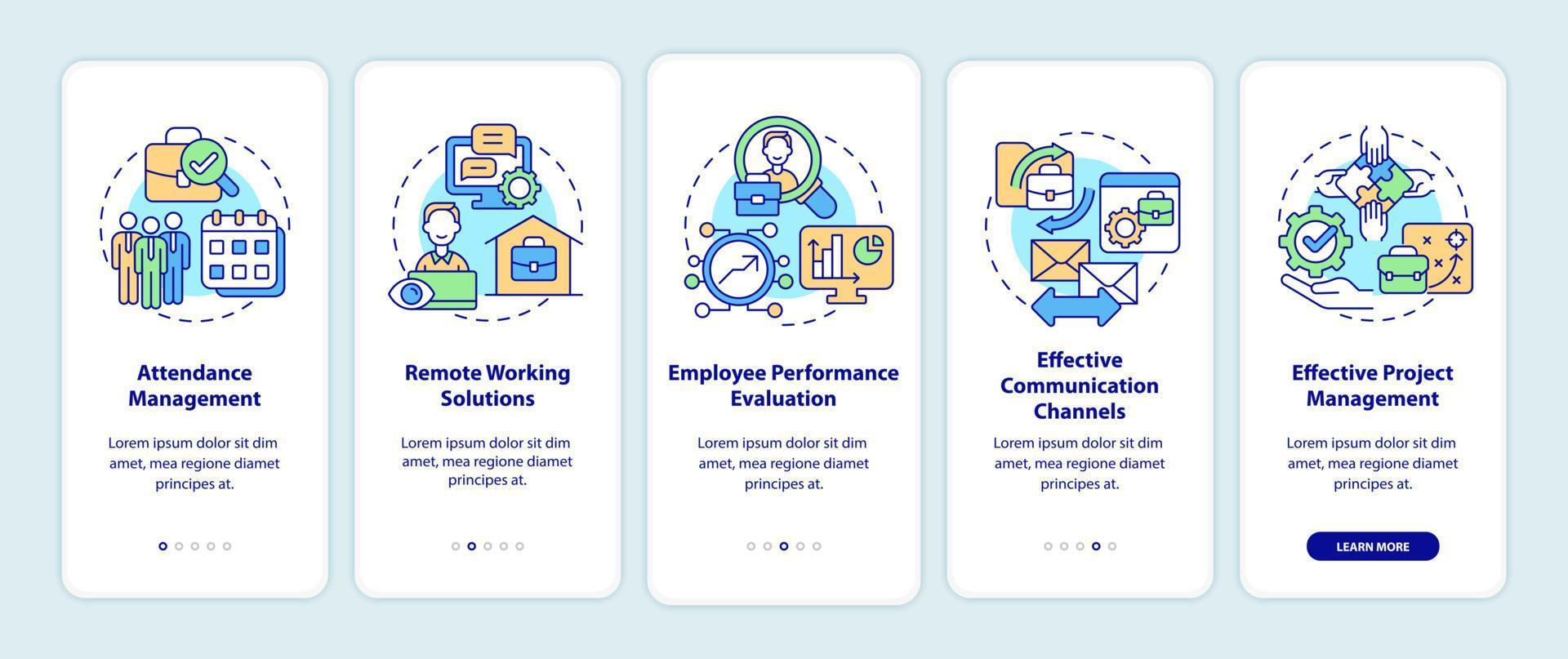 Employee monitoring advantages onboarding mobile app page screen. Work tracking walkthrough 5 steps graphic instructions with concepts. UI, UX, GUI vector template with linear color illustrations