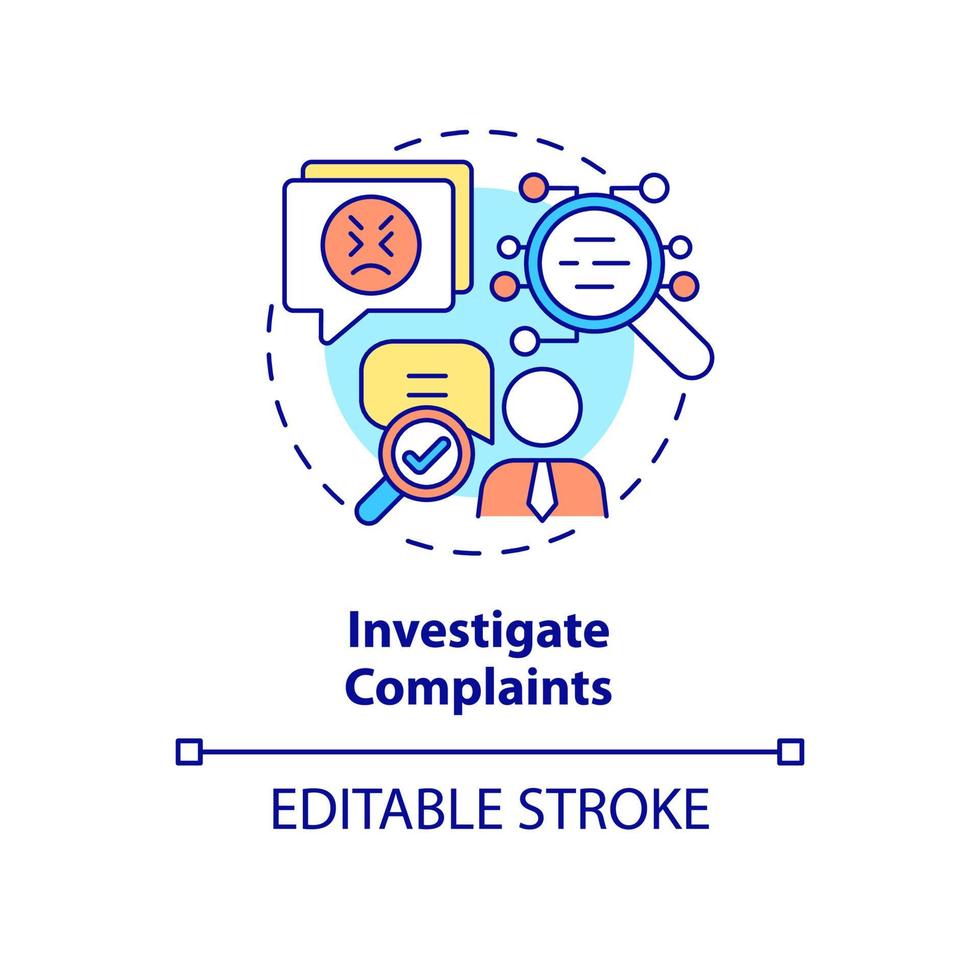 Investigate compaints concept icon. Check workers problem in workplace. Employee monitoring abstract idea thin line illustration. Vector isolated outline color drawing. Editable stroke