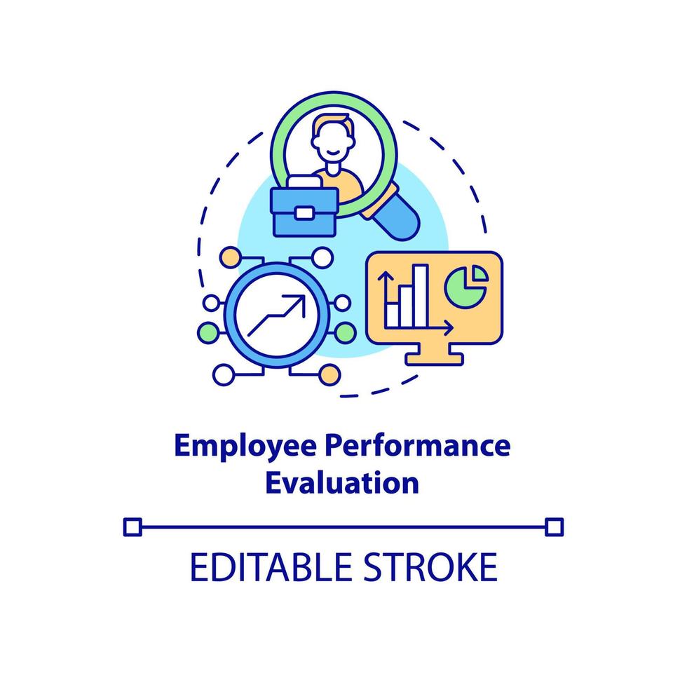 icono del concepto de evaluación del desempeño de los empleados. evaluación de la productividad. trabajador que supervisa la ilustración de línea delgada de idea abstracta. dibujo de color de contorno aislado vectorial. trazo editable vector