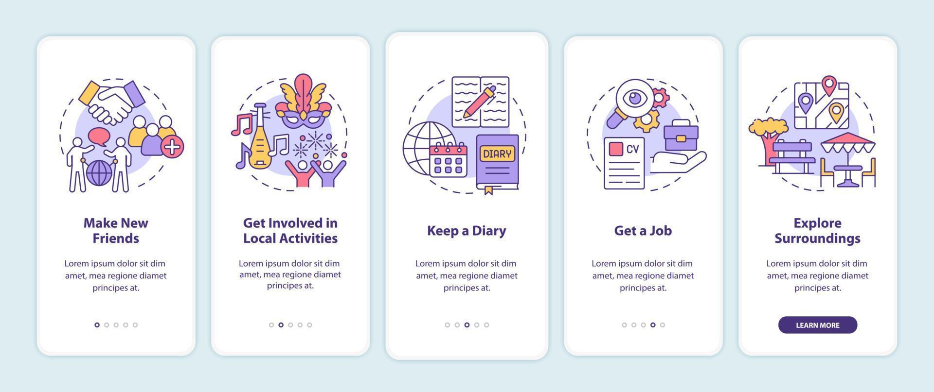 Adjusting to living abroad onboarding mobile app page screen. Migrate abroad walkthrough 5 steps graphic instructions with concepts. UI, UX, GUI vector template with linear color illustrations