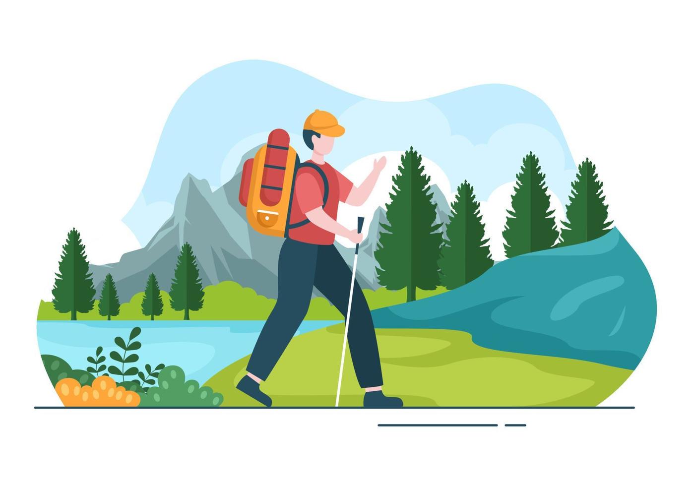 tour de aventura sobre el tema de la escalada, el trekking, el senderismo, la caminata o las vacaciones con vistas al bosque y la montaña en la ilustración de un póster de fondo plano de la naturaleza vector