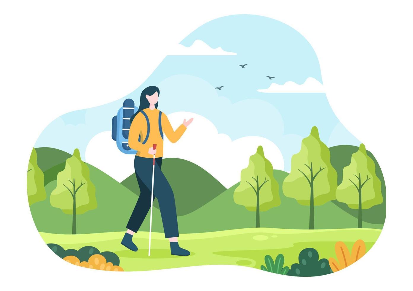 tour de aventura sobre el tema de la escalada, el trekking, el senderismo, la caminata o las vacaciones con vistas al bosque y la montaña en la ilustración de un póster de fondo plano de la naturaleza vector