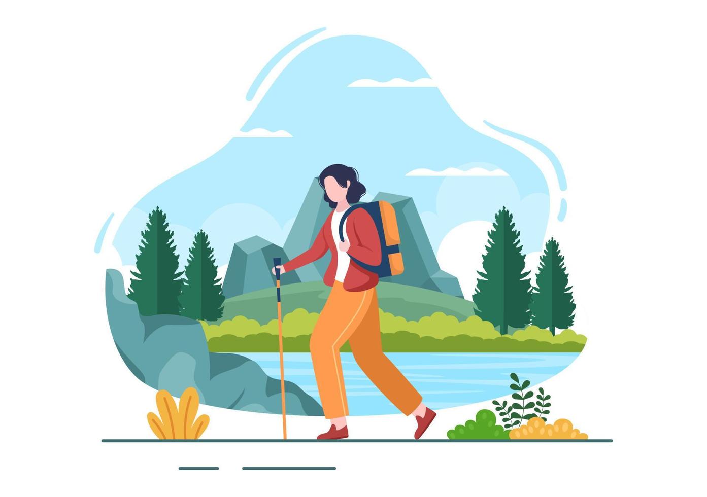 tour de aventura sobre el tema de la escalada, el trekking, el senderismo, la caminata o las vacaciones con vistas al bosque y la montaña en la ilustración de un póster de fondo plano de la naturaleza vector