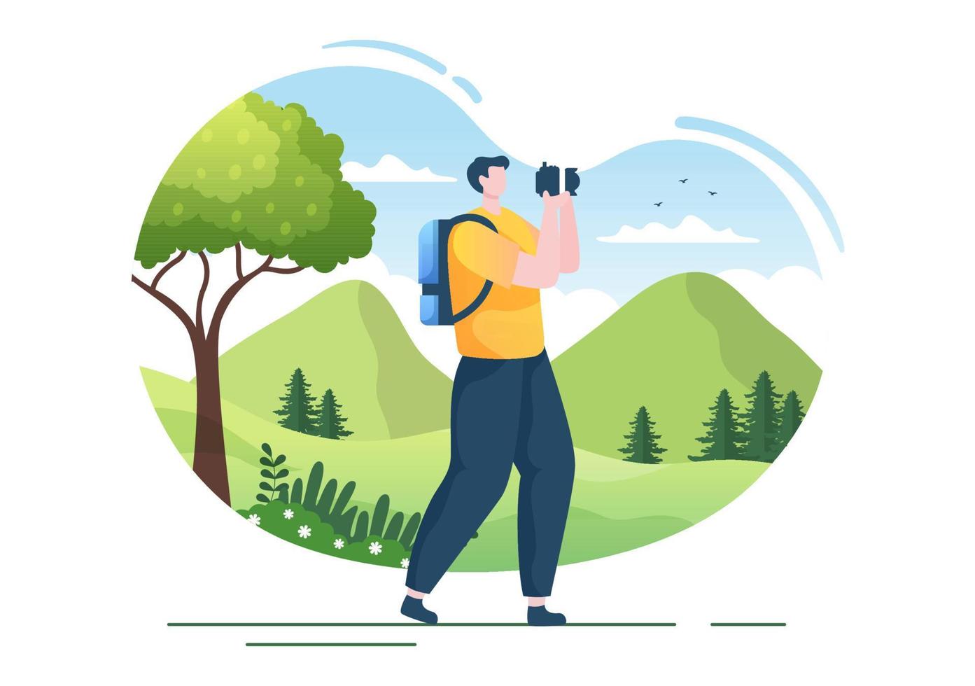 Adventure Tour on the Theme of Climbing, Trekking, Hiking, Walking or Vacation with Forest and Mountain Views in Flat Nature Background Poster Illustration vector