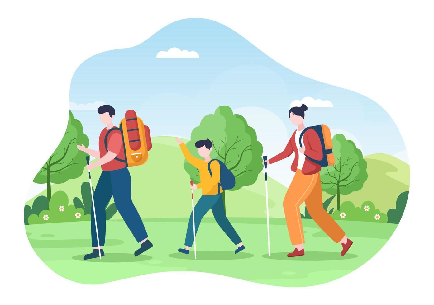 tour de aventura sobre el tema de la escalada, el trekking, el senderismo, la caminata o las vacaciones con vistas al bosque y la montaña en la ilustración de un póster de fondo plano de la naturaleza vector