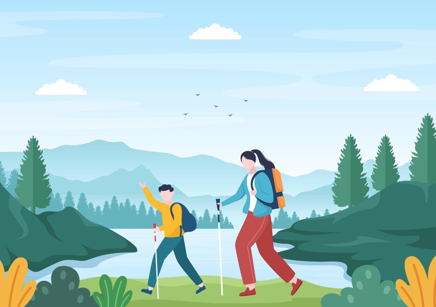 tour de aventura sobre el tema de la escalada, el trekking, el senderismo, la caminata o las vacaciones con vistas al bosque y la montaña en la ilustración de un póster de fondo plano de la naturaleza vector