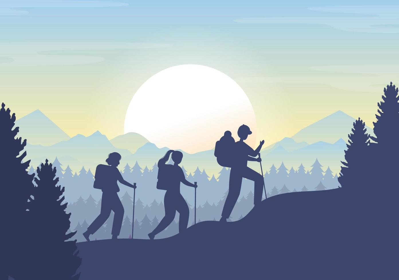 Adventure Tour on the Theme of Climbing, Trekking, Hiking, Walking or Vacation with Forest and Mountain Views in Flat Nature Background Poster Illustration vector