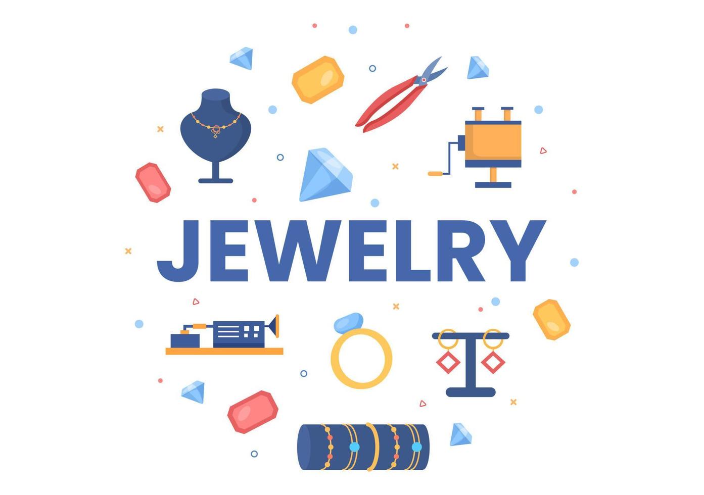 accesorios de joyería como collares, aretes y pulseras diseñados por joyeros de gemas en ilustración de estilo plano para fondo de afiches vector