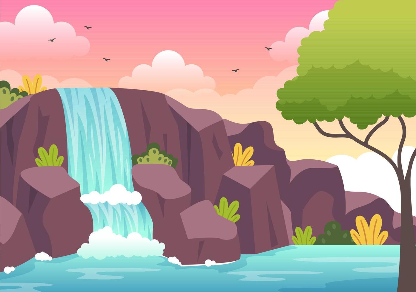 Waterfall Jungle Landscape of Tropical Natural Scenery with Cascade of Rocks, River Streams or Rocky Cliff in Flat Background Vector Illustration