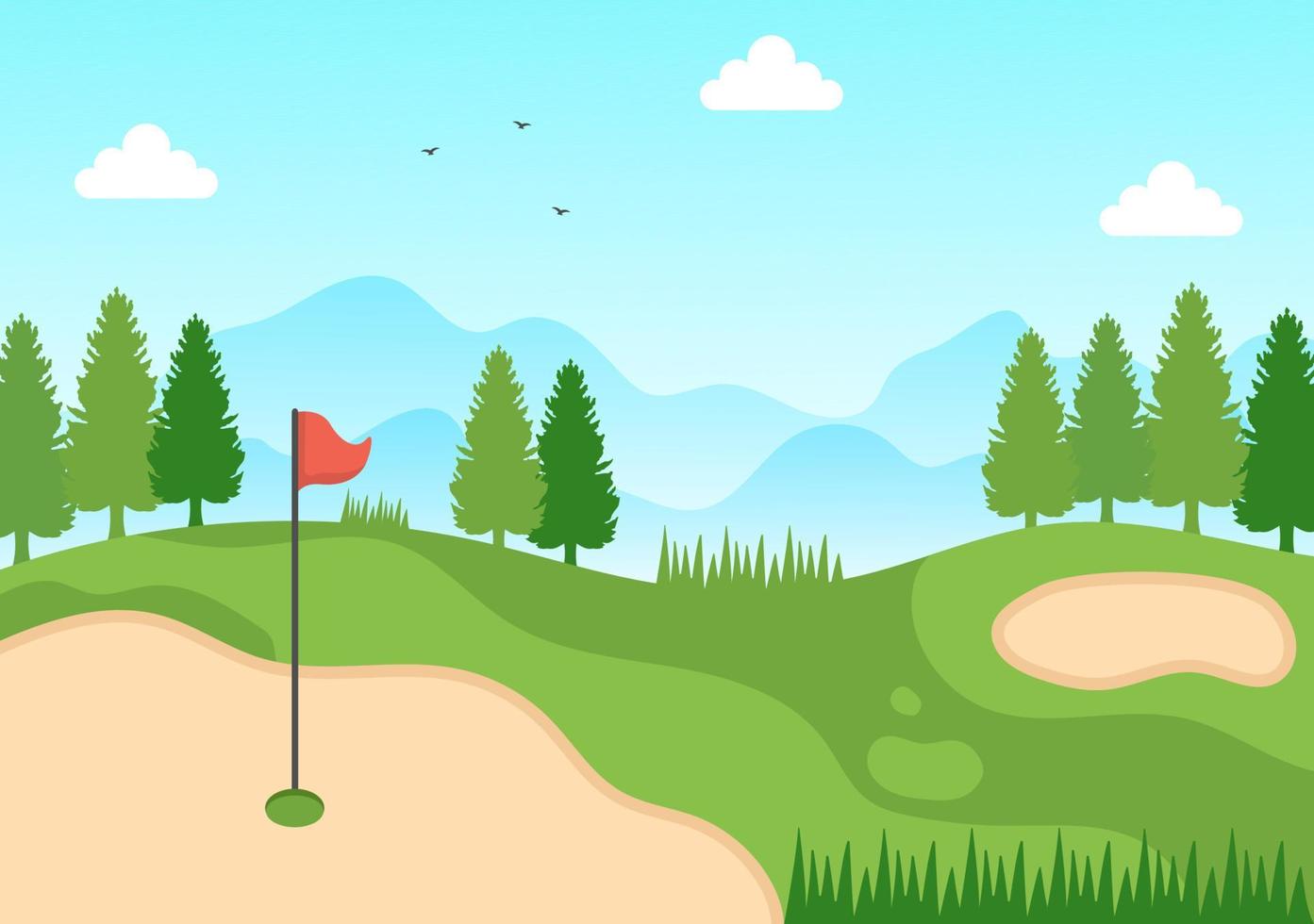 jugar al golf con banderas, suelo de arena, búnker de arena y equipo en plantas verdes de patio al aire libre en una ilustración de fondo de caricatura plana vector