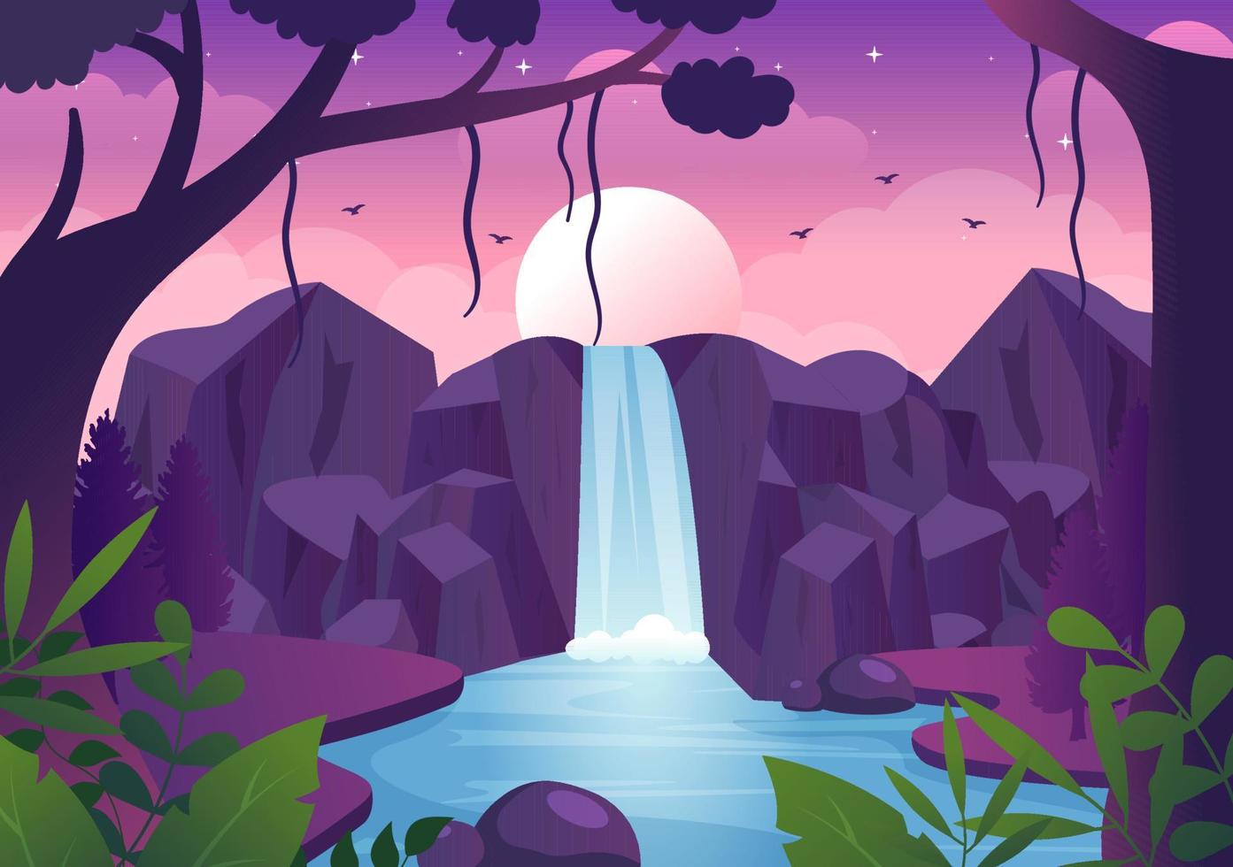 Waterfall Jungle Landscape of Tropical Natural Scenery with Cascade of Rocks, River Streams or Rocky Cliff in Flat Background Vector Illustration