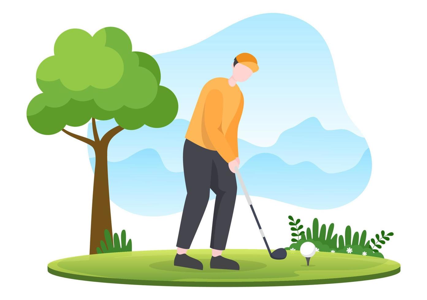 jugar al golf con banderas, suelo de arena, búnker de arena y equipo en plantas verdes de patio al aire libre en una ilustración de fondo de caricatura plana vector