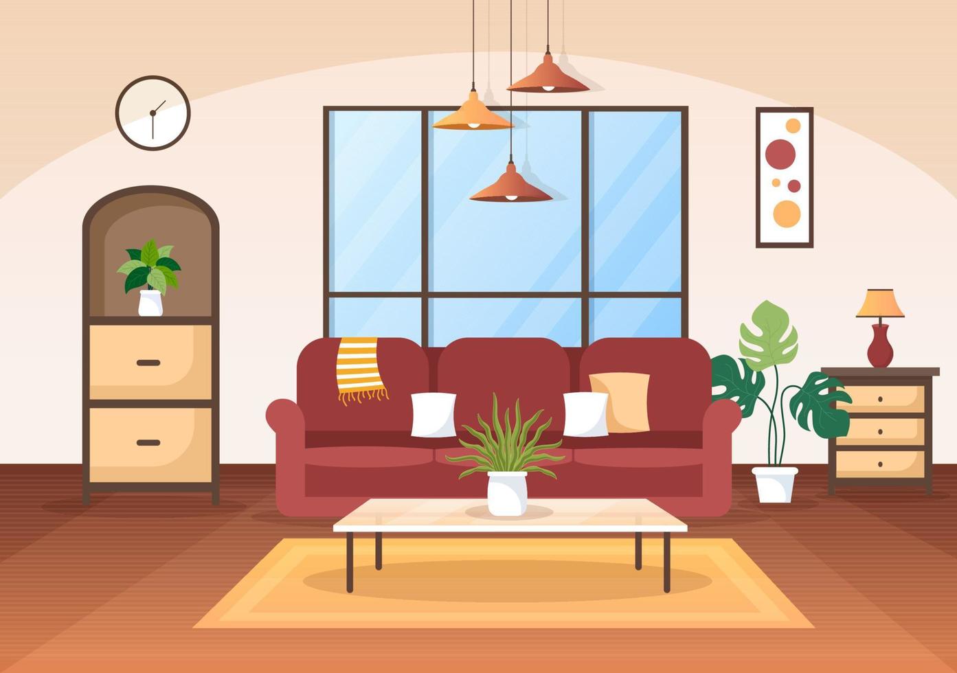 Delgado tener Corrupto ilustración de diseño plano de muebles para el hogar para que la sala de  estar sea cómoda como un sofá, escritorio, armario, luces, plantas y  tapices 6409503 Vector en Vecteezy