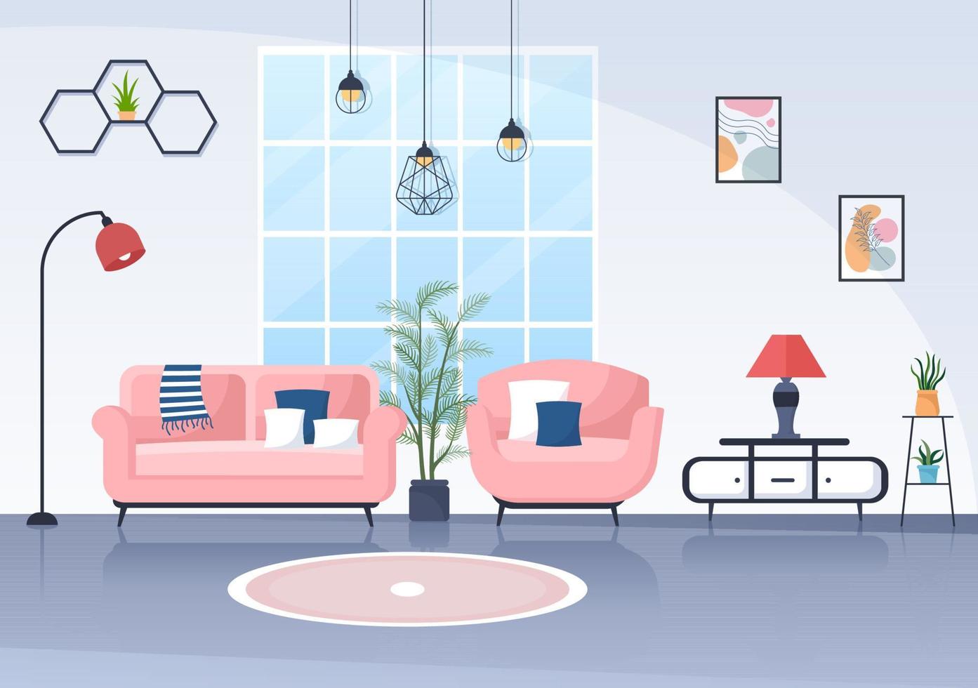 Home Furniture Flat Design Illustration for the Living Room to be Comfortable Like a Sofa, Desk, Cupboard, Lights, Plants and Wall Hangings vector