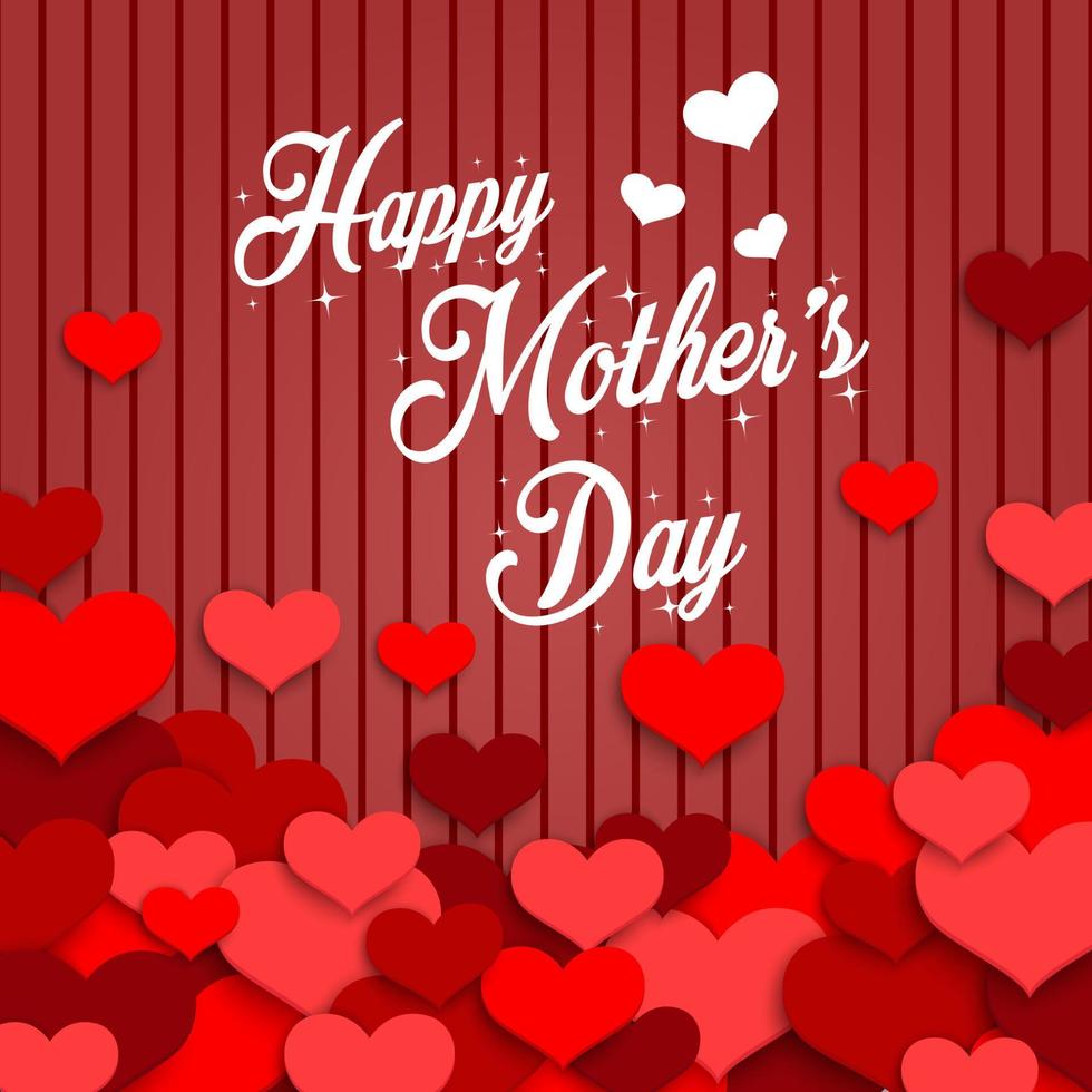 Happy Mother's Day with red hearts on red wooden background vector