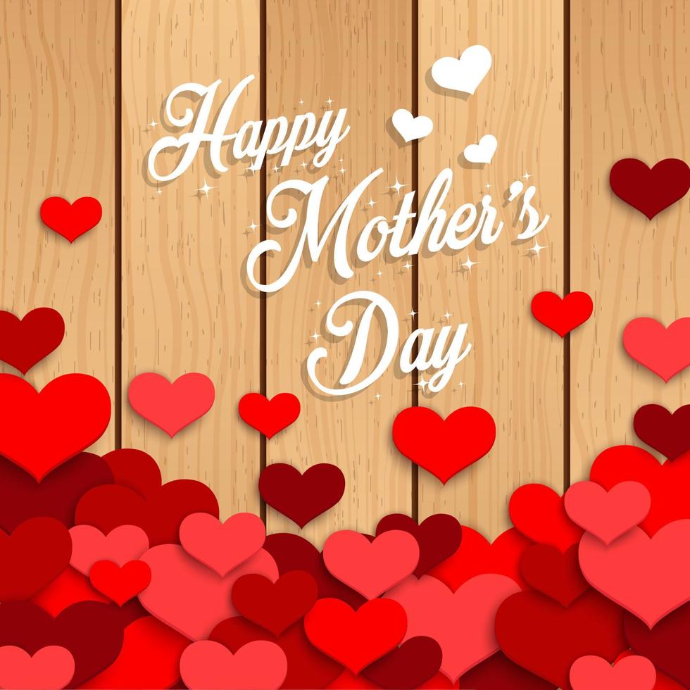 Happy Mother's Day with red hearts on young wooden background.Vector vector