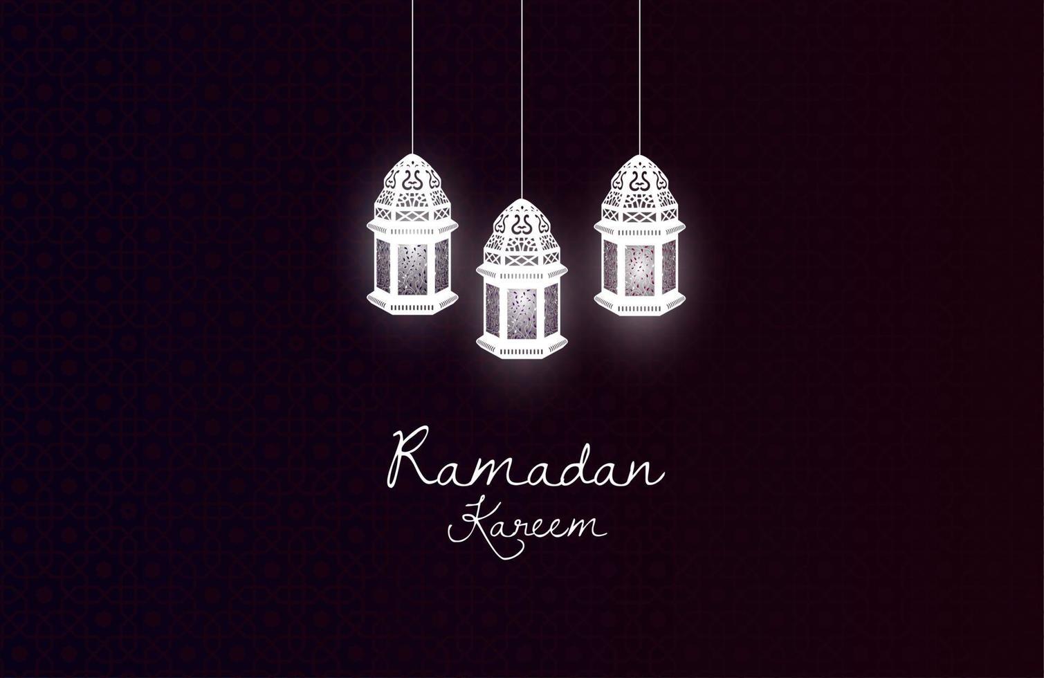 diseño de tarjeta de felicitación ramadan kareem con lámpara de linternas sobre fondo negro oscuro vector