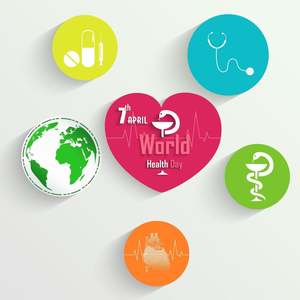 Sticker with medical tools, medicine and globe for World Health Day concept.Vector vector