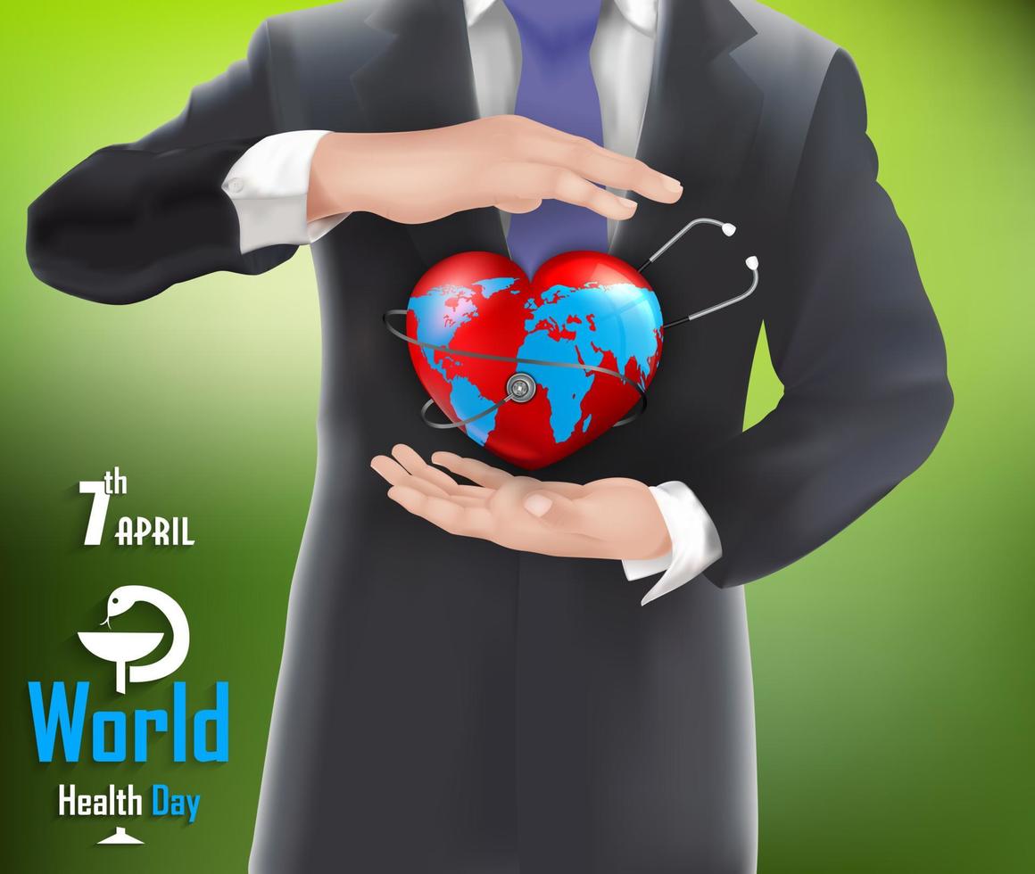 empresario sosteniendo el concepto del mundo en la mano con el día mundial de la salud vector