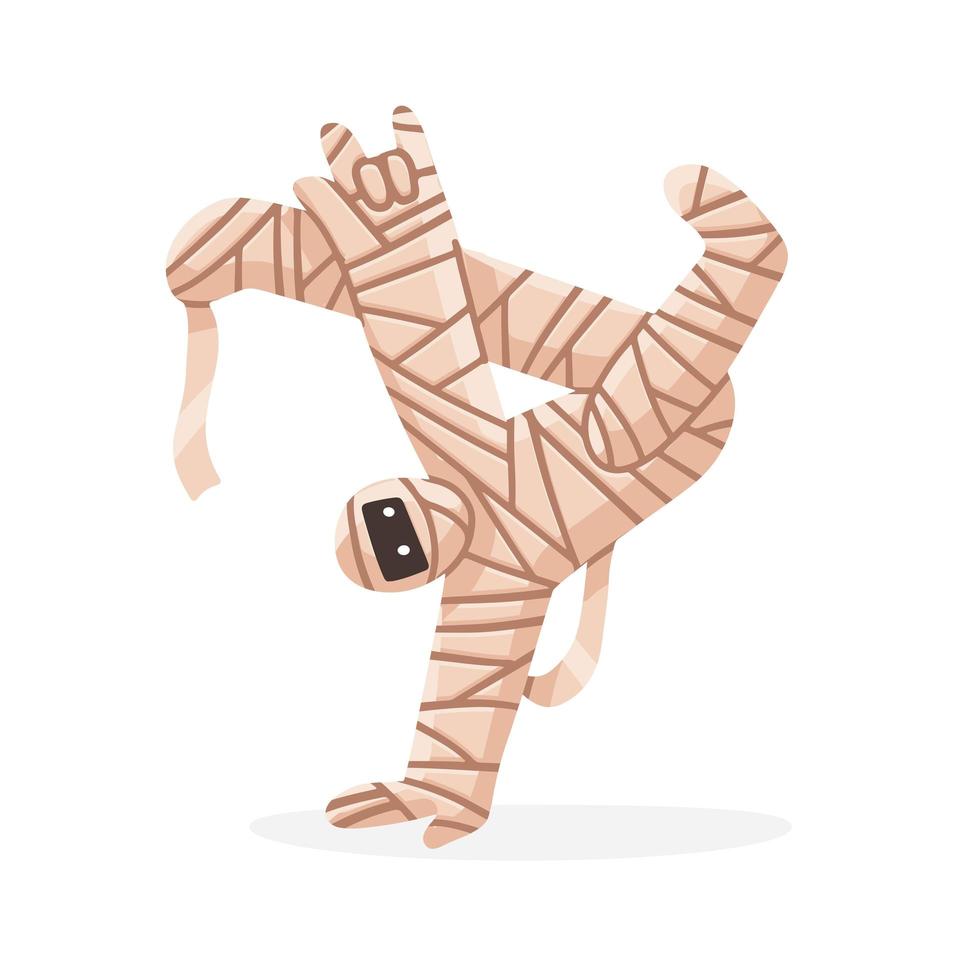 Halloween mummy dressed teen boy dancing break dance. Funny character in bandages. Flat hand drawn vector illustration.