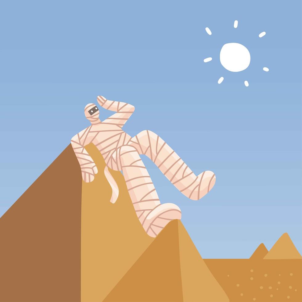 Vector hand drawn illustration of a mummy sits on the pyramid and suffers from the heat. Desert landscape under the scorching sun.