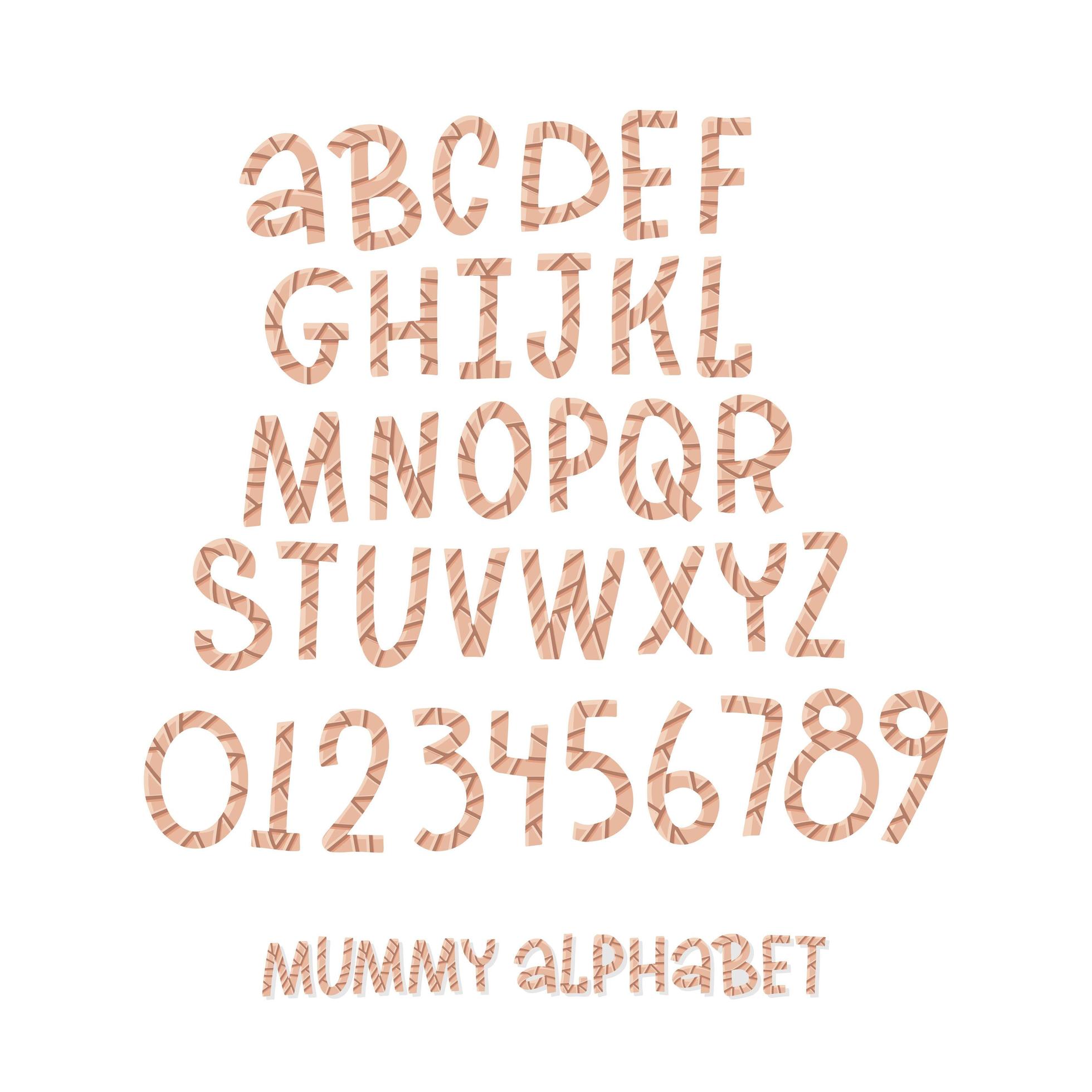 Cute Mummy font. Alphabet made of bandages. Monster zombie Letter of