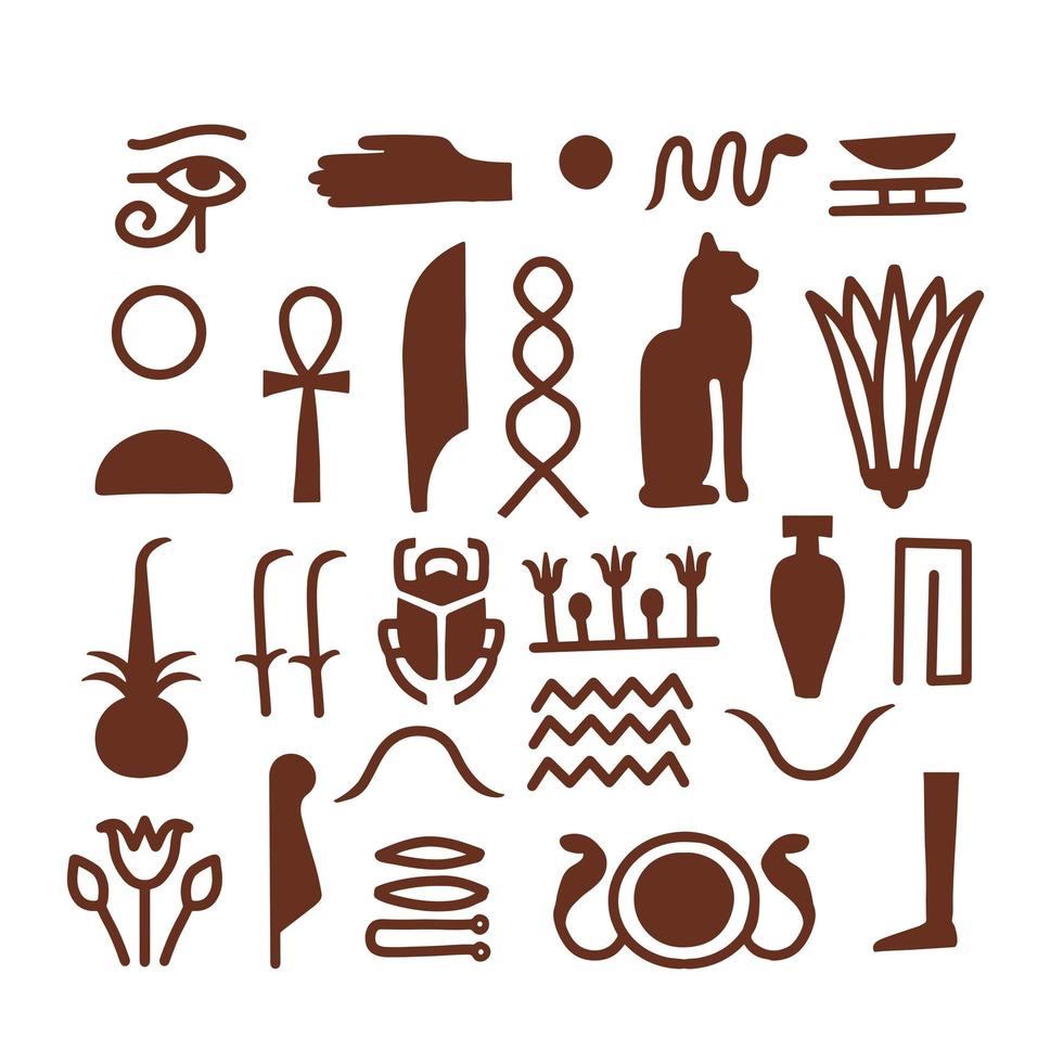 Egyptian hieroglyph signs set isolated on white. Ancient civilization symbols. Egypt civilization hand drawn silhouette icons. Simple vector illustration.
