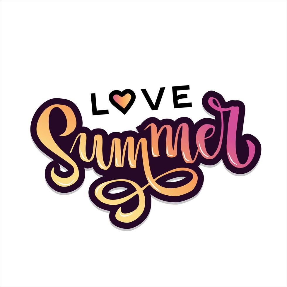 Letras dibujadas a mano amor verano con corazón en amor mundial y degradado amarillo rosa. tarjeta de diseño abstracto para impresiones, volantes, pancartas, invitaciones, diseño de pantalones cortos, oferta especial vector