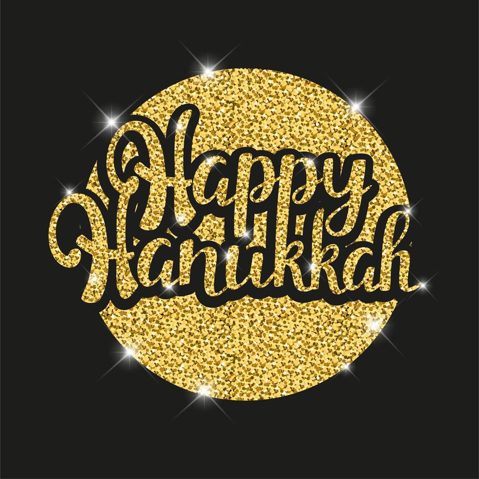 feliz hanukkah letras doradas brillantes para el diseño de su tarjeta de felicitación sobre fondo negro y ronda dorada vector